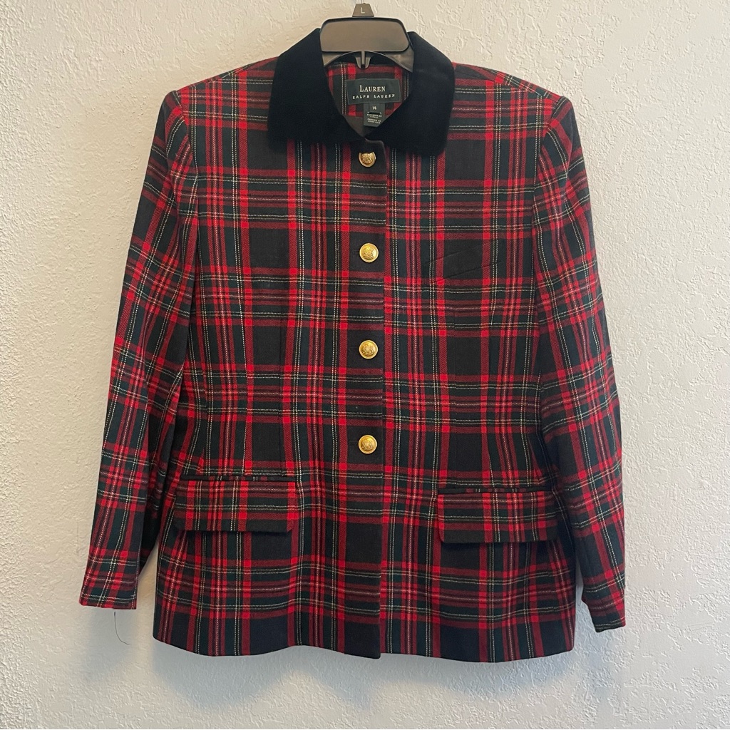 Classic Lauren Ralph Lauren Pure Wool Tartan Plaid Womens Blazer Size 14